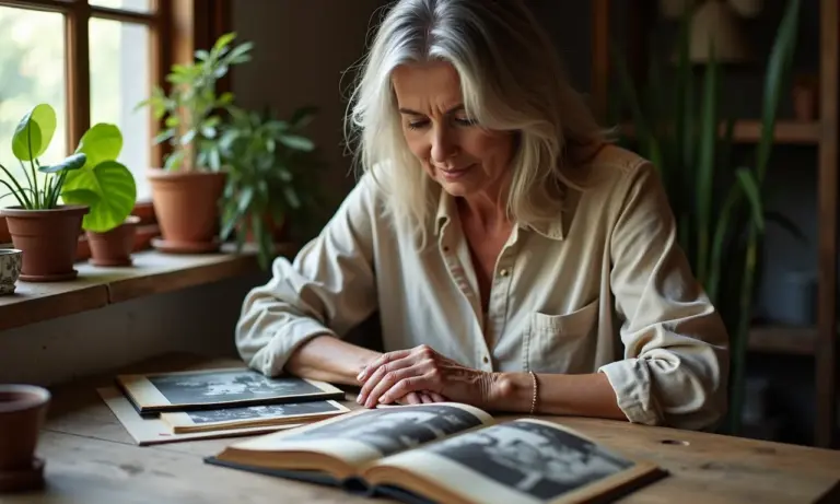 Mulher organizando álbuns de fotos antigos em mesa de madeira rústica.