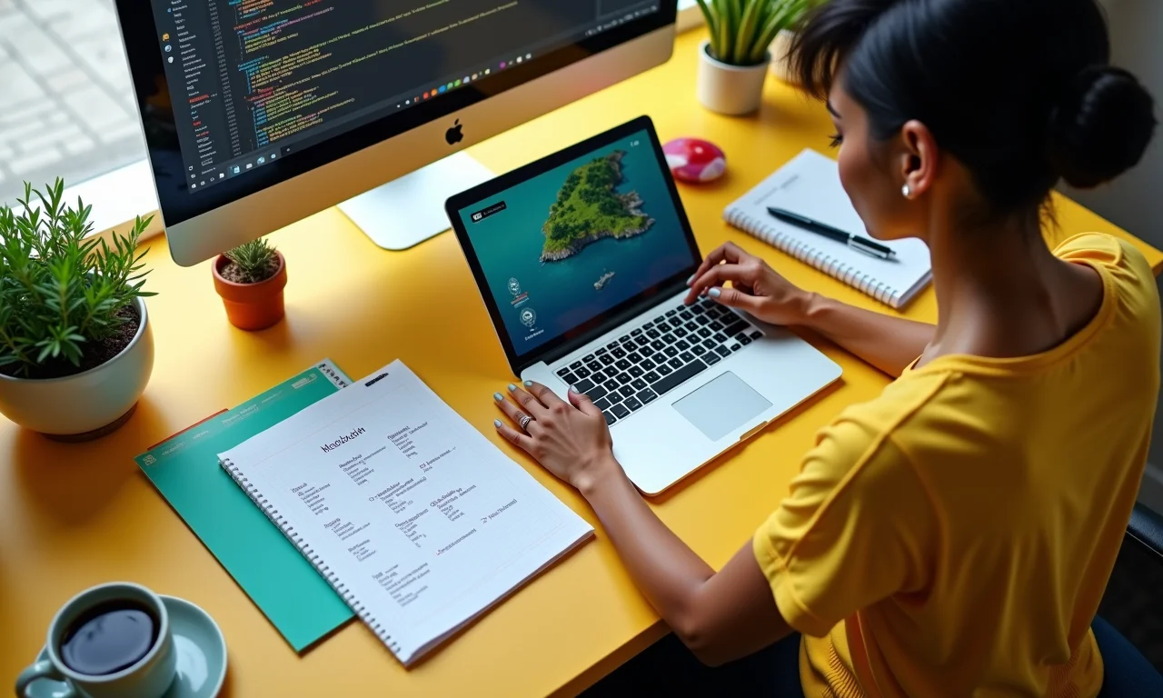 Mulher organizando arquivos digitais em mesa colorida.