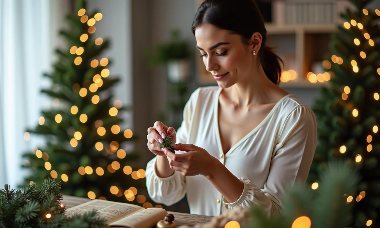 Mulher organizando decorações de Natal sustentáveis, foco em escolhas eco.