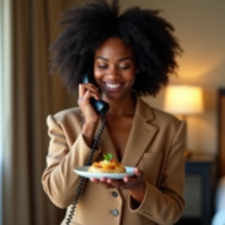 Mulher pedindo café da manhã no quarto do hotel pelo telefone