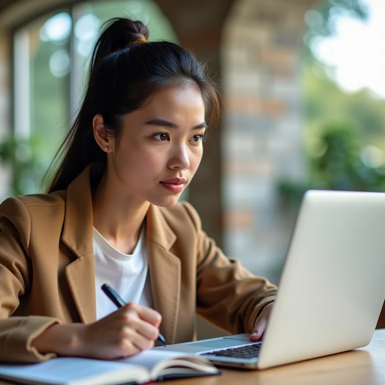 Mulher pesquisando destinos de viagem em um laptop