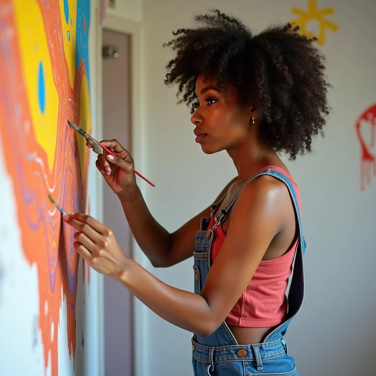 Mulher pintando formas geométricas na parede com tinta
