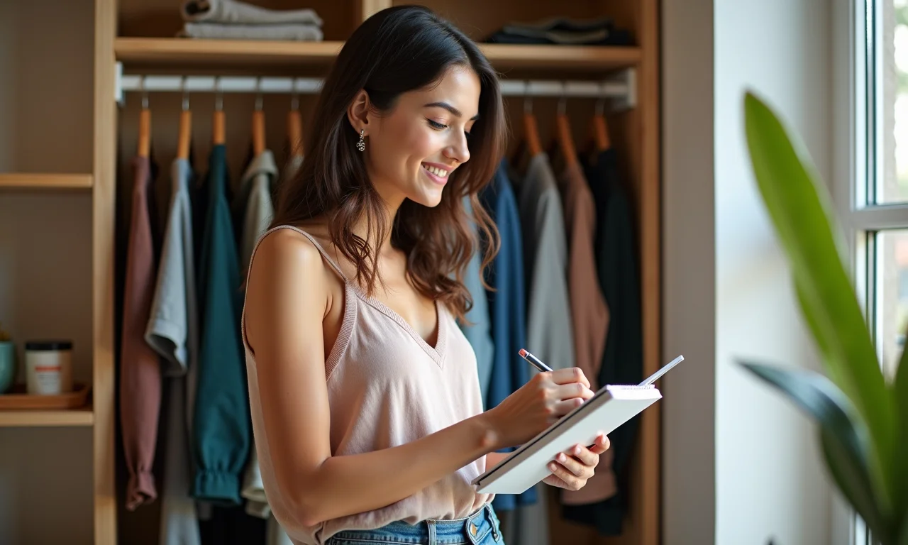 Mulher planejando a organização do guarda-roupa de verão com um caderno e caneta.