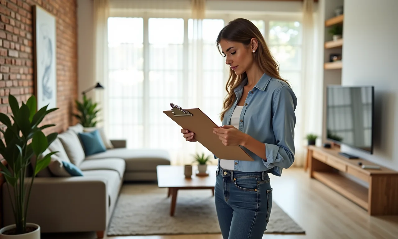 Mulher planejando limpeza pós obra com checklist em mãos.