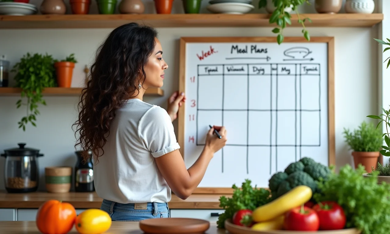 Mulher planejando refeições da semana em quadro branco na cozinha colorida.
