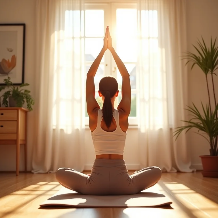Mulher praticando yoga em quarto organizado e ensolarado