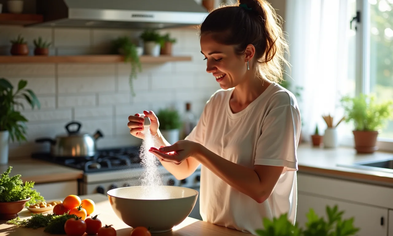 Mulher preparando solução de limpeza em uma tigela.