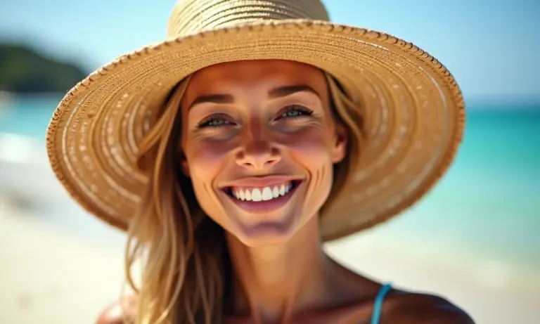 Mulher protegendo o rosto com um chapéu de praia estiloso.