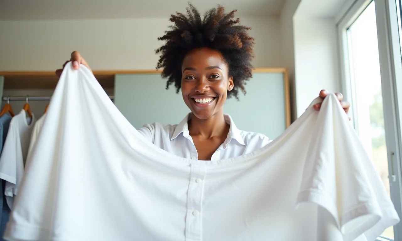Mulher separando roupas brancas para lavar, sorrindo.