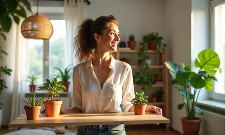 Mulher sorrindo, admirando prateleira de madeira feita à mão na sala de estar.