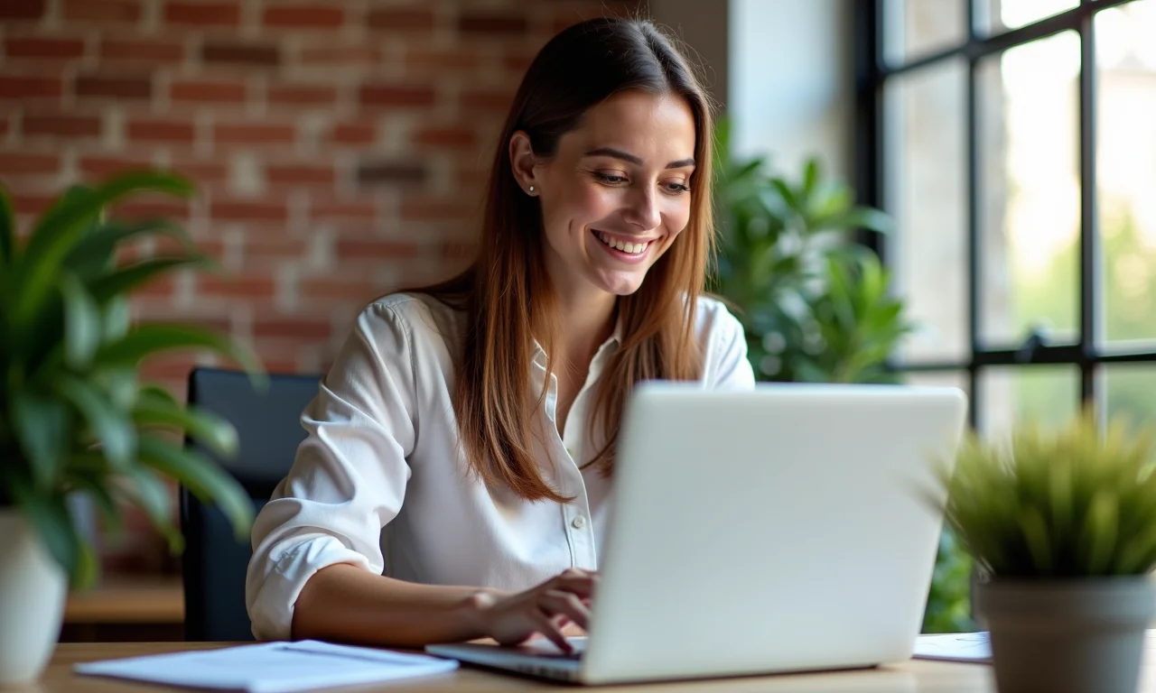 Mulher sorrindo analisa planilha para escolher a melhor opção de tijolinho fake.