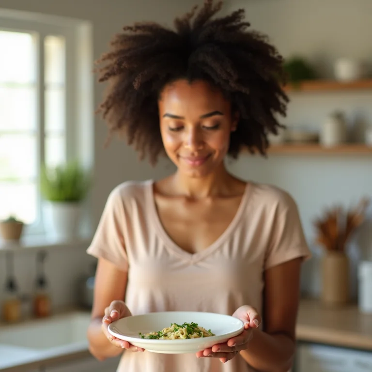 Mulher sorrindo ao inspecionar prato limpo