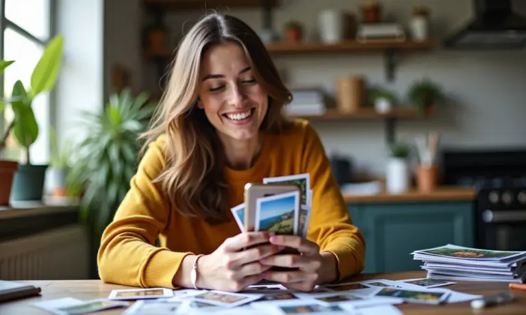 Mulher sorrindo com celular cheio de fotos, organizando suas memórias digitais.