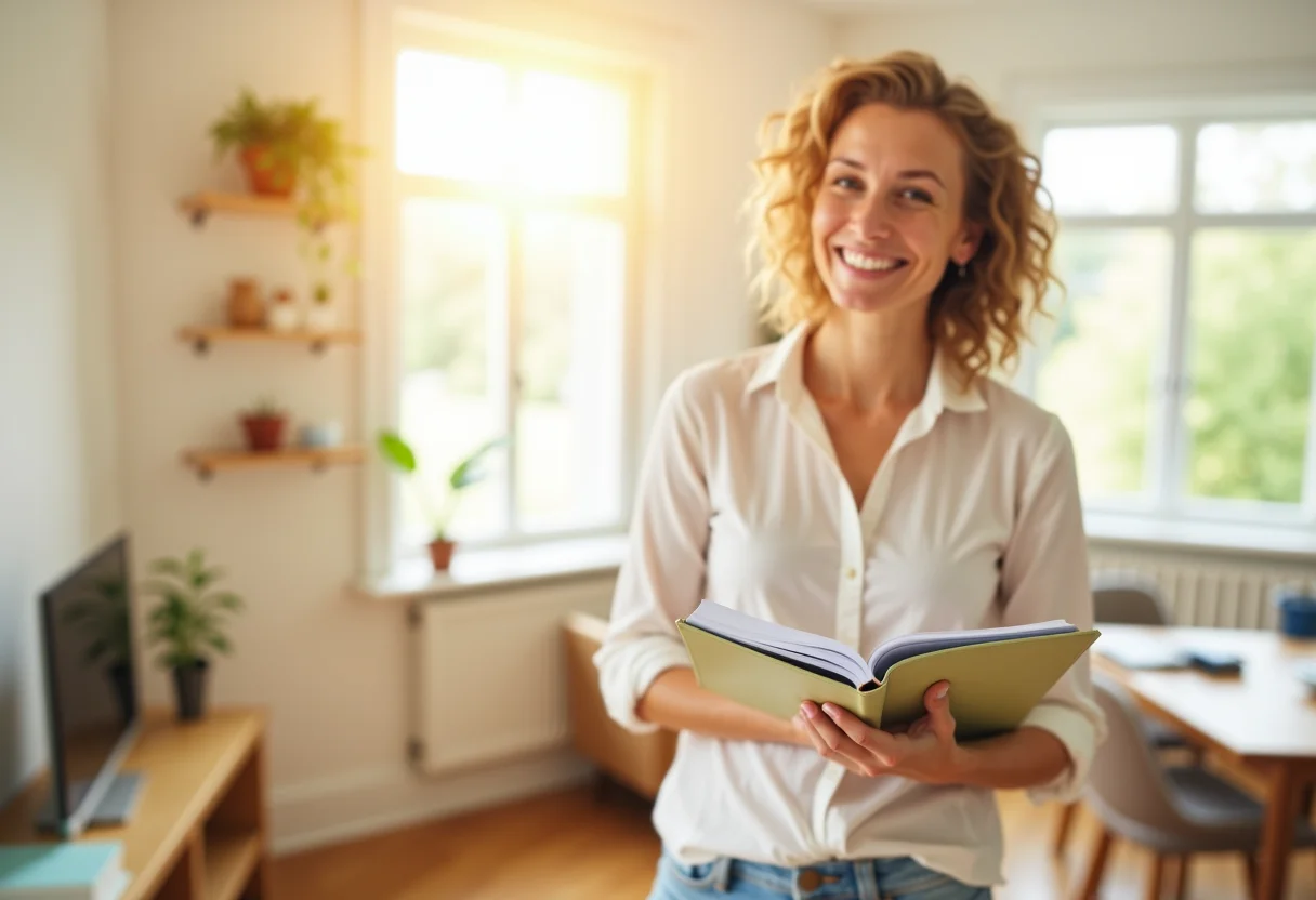 Mulher sorrindo em casa organizada, planejando finanças