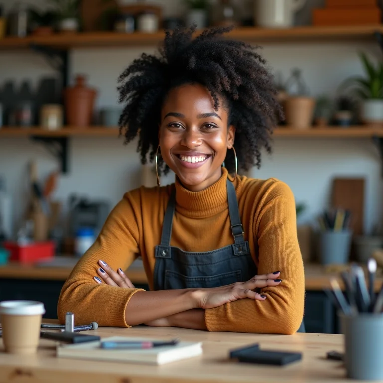 Mulher sorrindo em espaço de trabalho organizado