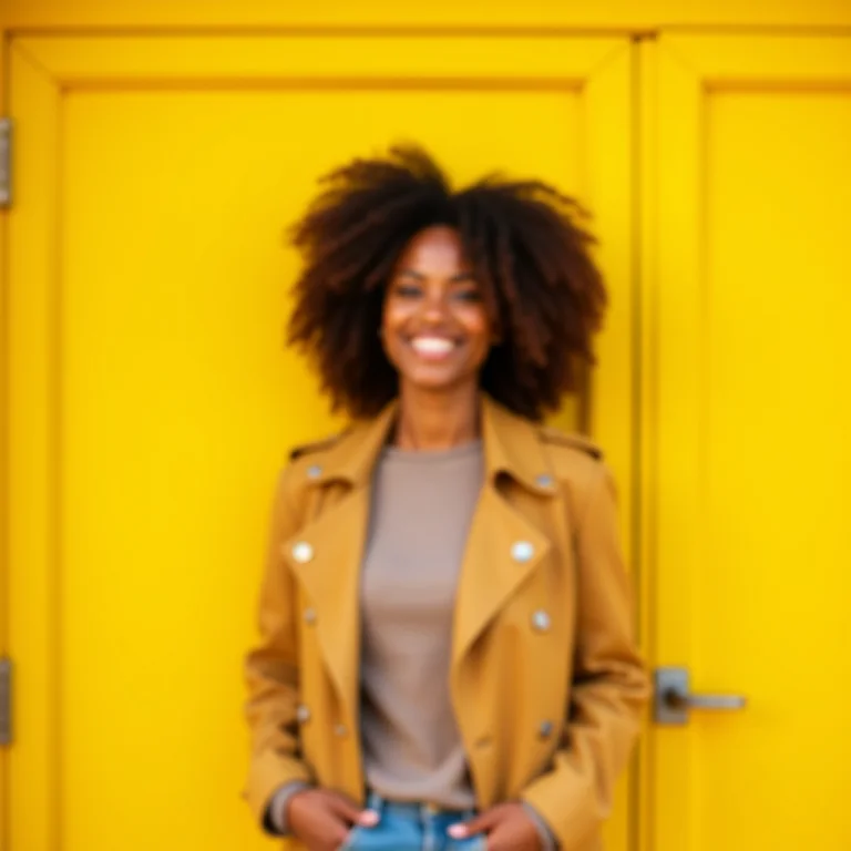 Mulher sorrindo em frente a uma porta amarela vibrante