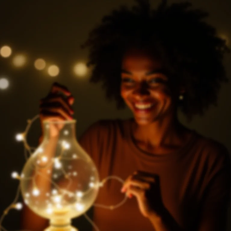 Mulher sorrindo enquanto decora garrafão com luzes