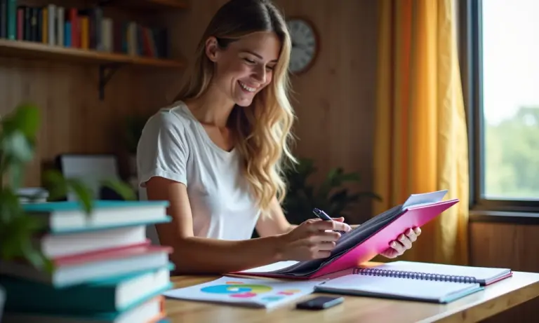 Mulher sorrindo enquanto organiza documentos de viagem em um organizador colorido.