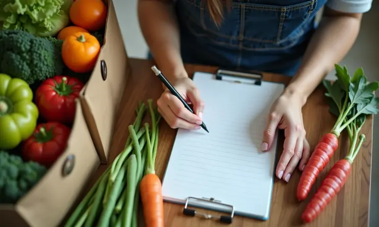 Mulher sorrindo, escrevendo lista de compras com frutas e sacolas reutilizáveis ao lado.