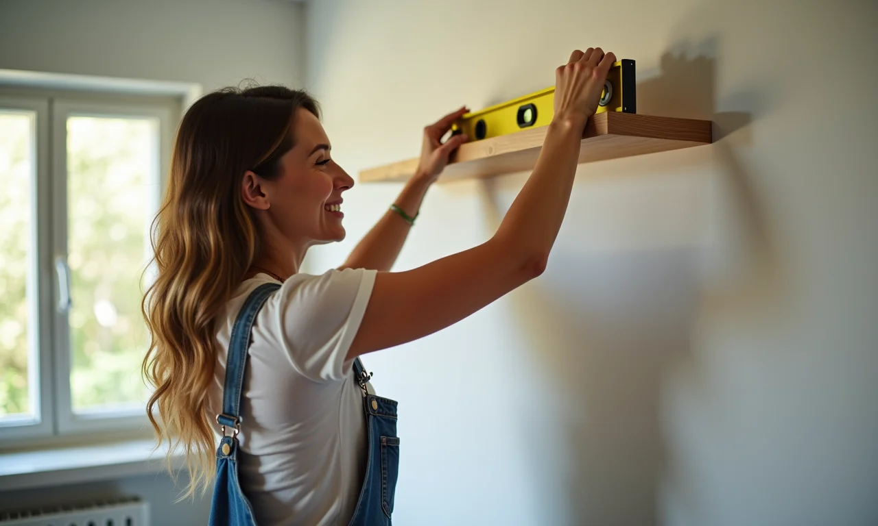 Mulher sorrindo, fixando prateleira na parede com nível para alinhamento perfeito.