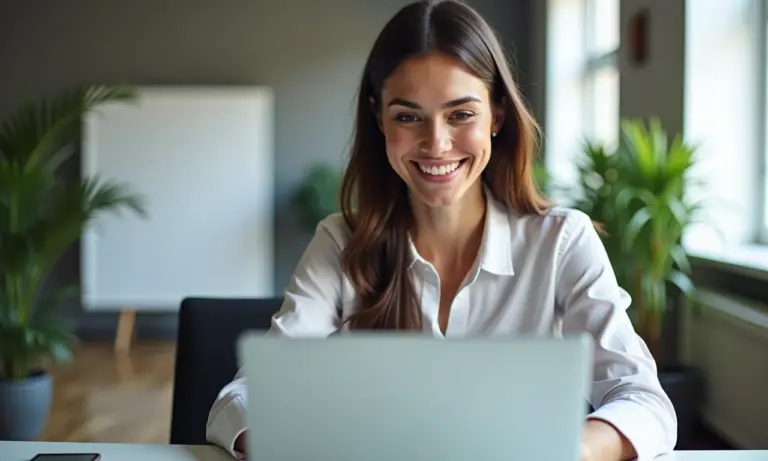 Mulher sorrindo, revisando perfil do LinkedIn em um laptop, ambiente de escritório moderno.
