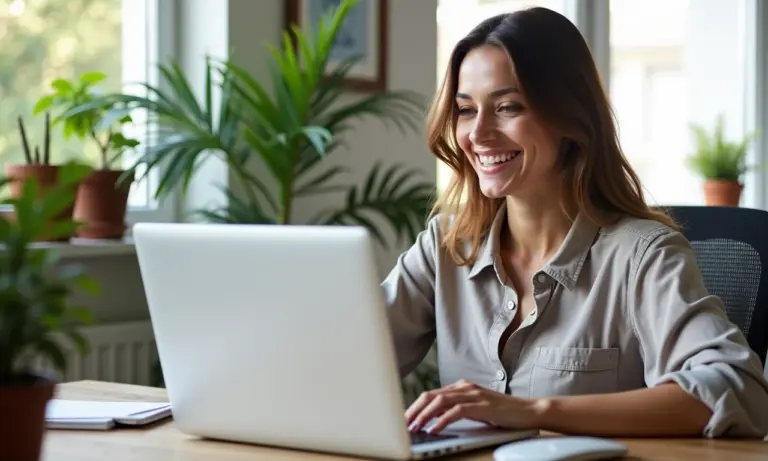 Mulher sorrindo usando o Notion em um escritório em casa ensolarado.