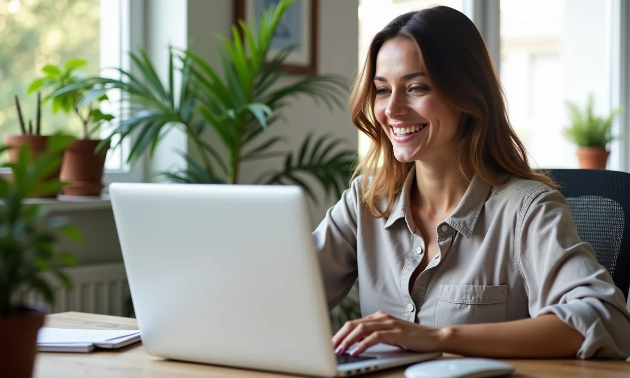 Mulher sorrindo usando o Notion em um escritório em casa ensolarado.