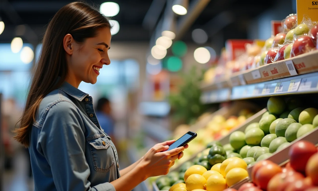 Mulher sorrindo usando programa de fidelidade no caixa do supermercado.