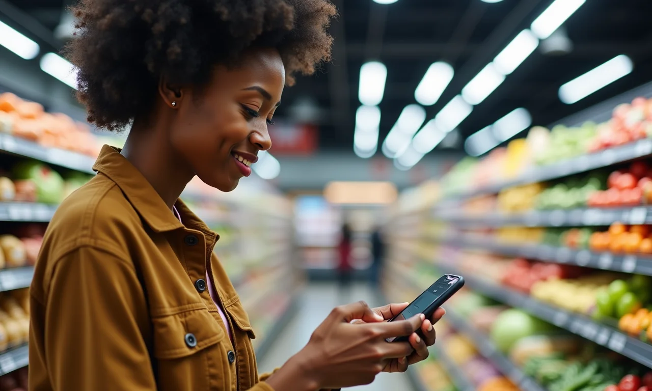 Mulher usando aplicativo de lista de compras no celular no supermercado.