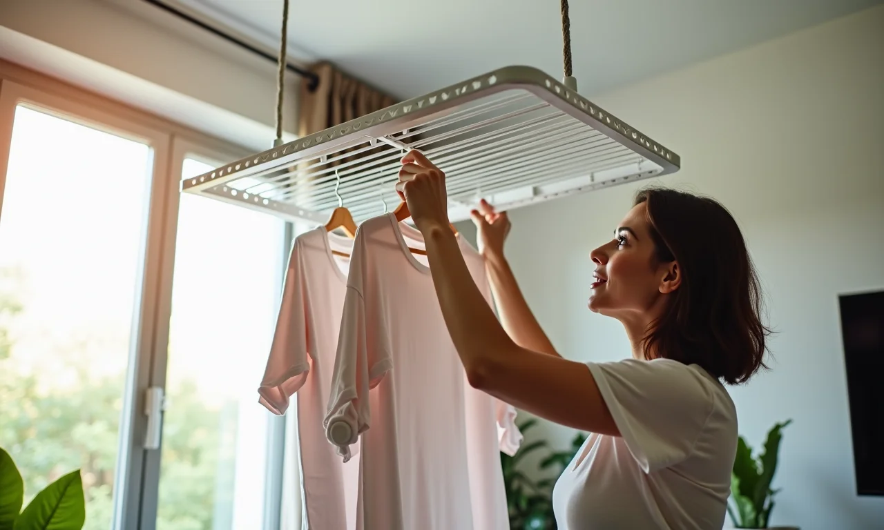 Mulher usando varal de teto com manivela.