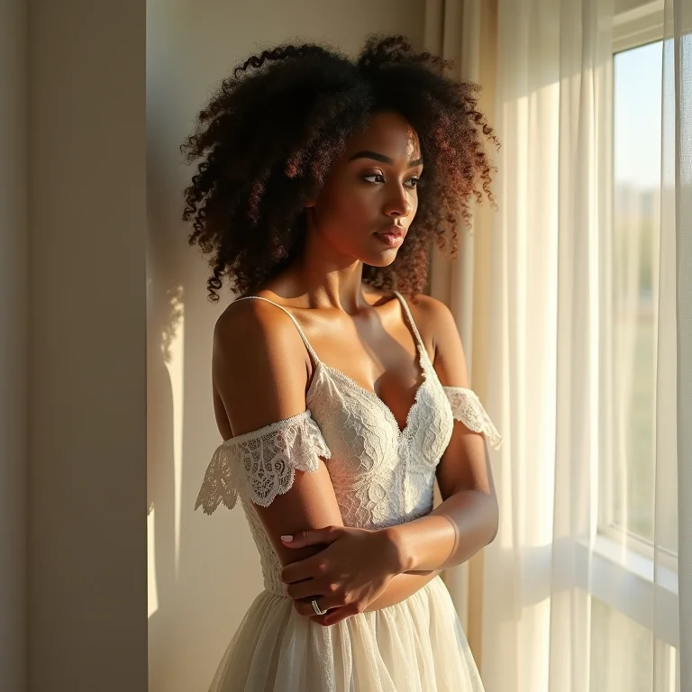 Mulher vaporizando vestido de renda