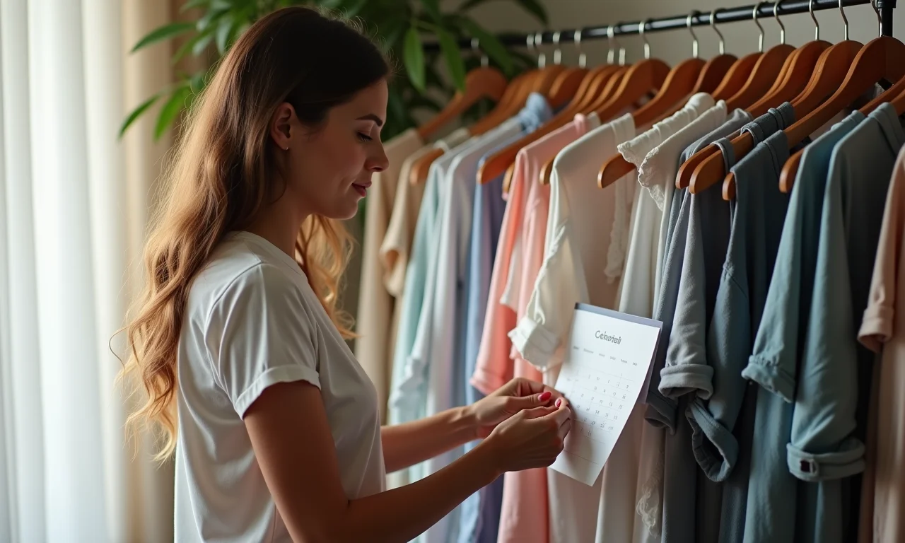 Mulher verificando roupas de verão organizadas e agendando a próxima organização no calendário.