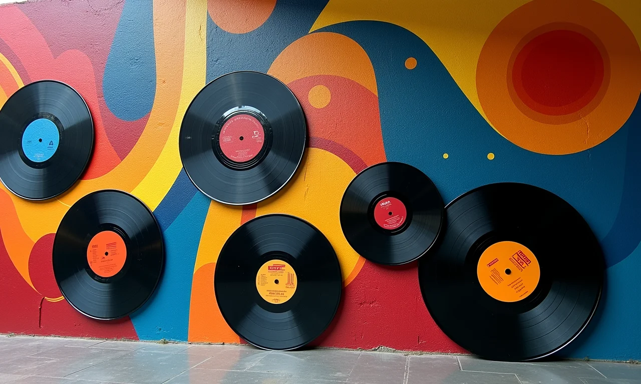 Mural temático com discos de vinil representando notas musicais.