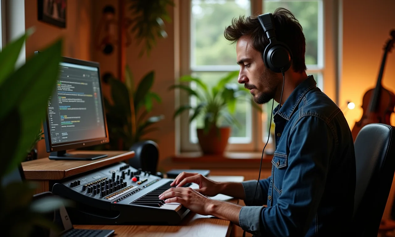 Músico compondo trilha sonora para vídeo institucional, com instrumentos musicais brasileiros.