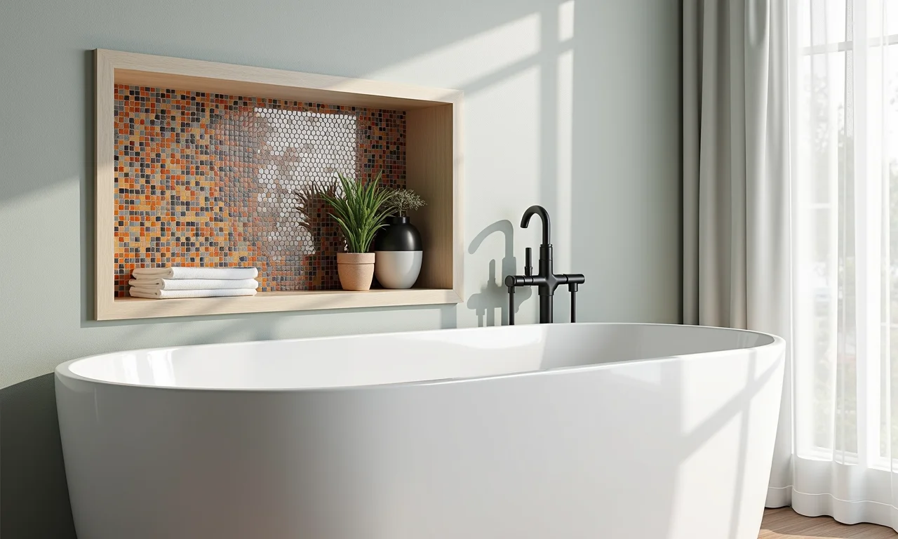 Nicho com pastilhas coloridas no banheiro.