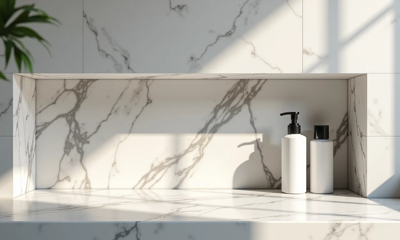 Nicho de mármore na parede do banheiro com produtos de higiene pessoal.
