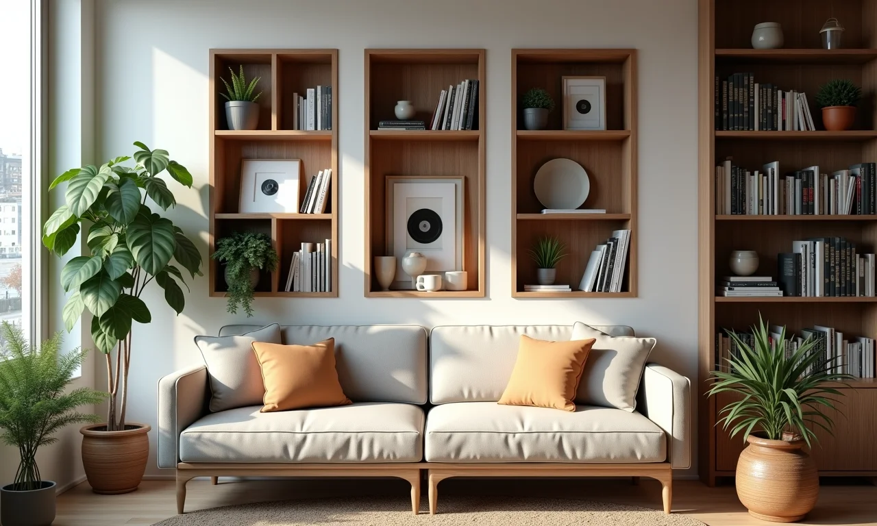 Nichos e prateleiras com discos, livros e plantas na parede.