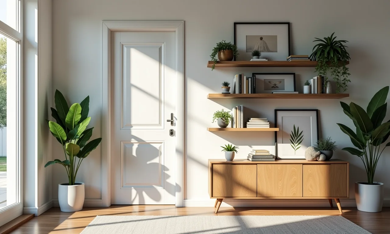 Nichos e prateleiras decorativas na entrada.