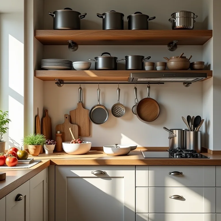 Nichos e prateleiras extras armazenando panelas.