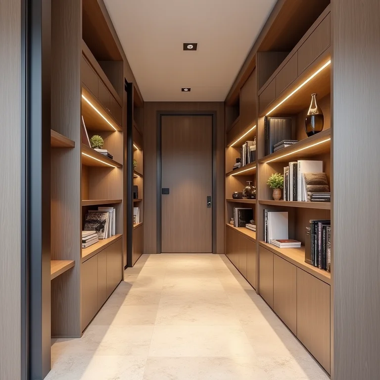Nichos e prateleiras organizadas em corredor
