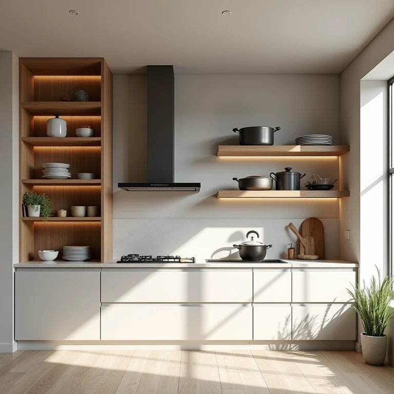 Nichos e prateleiras para panelas grandes.