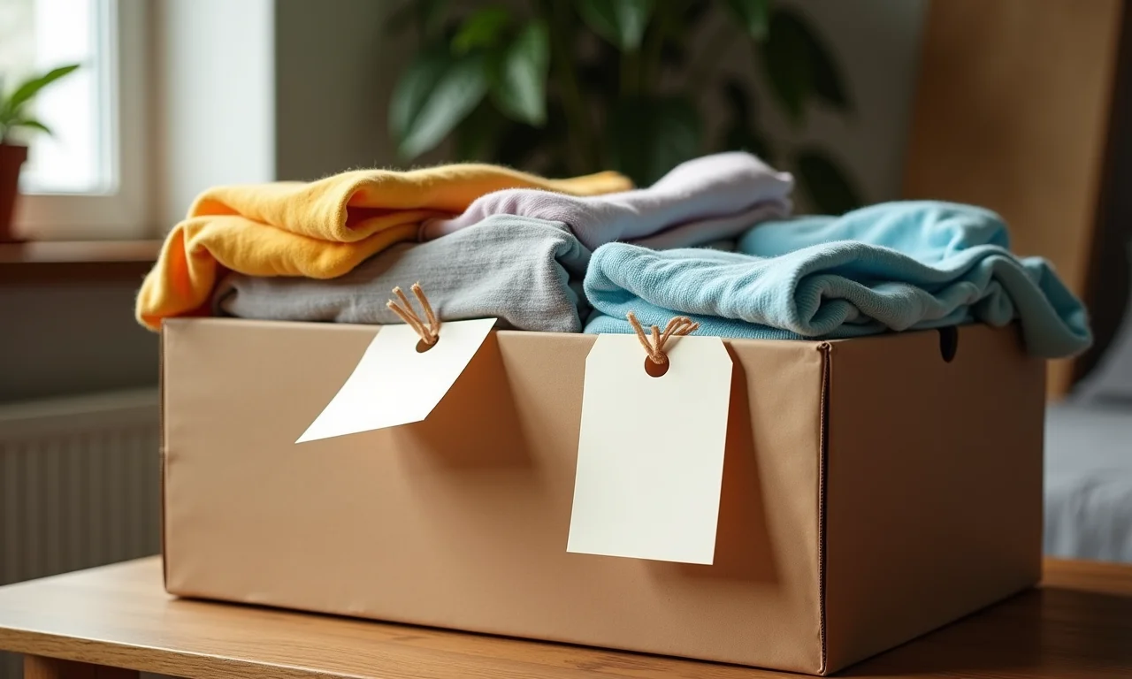 Notas de lembrete em uma caixa de roupas de verão com etiquetas.