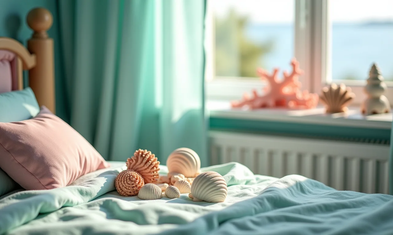Objetos de decoração encantadores em quarto de menina com tema de sereia.
