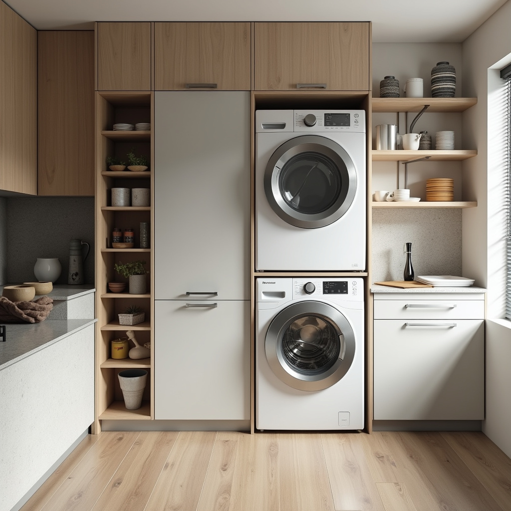 Optimizing space in a laundry room integrated with the kitchen, professional photography, 8K Otimização de espaço em lavanderia integrada com cozinha.
