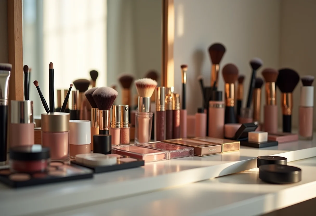 Organização de maquiagem em penteadeira clean e iluminada