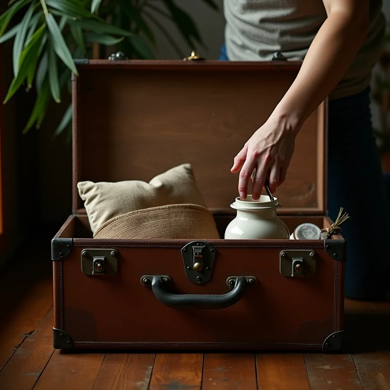 Organização de pertences dentro de um baú reaproveitado.