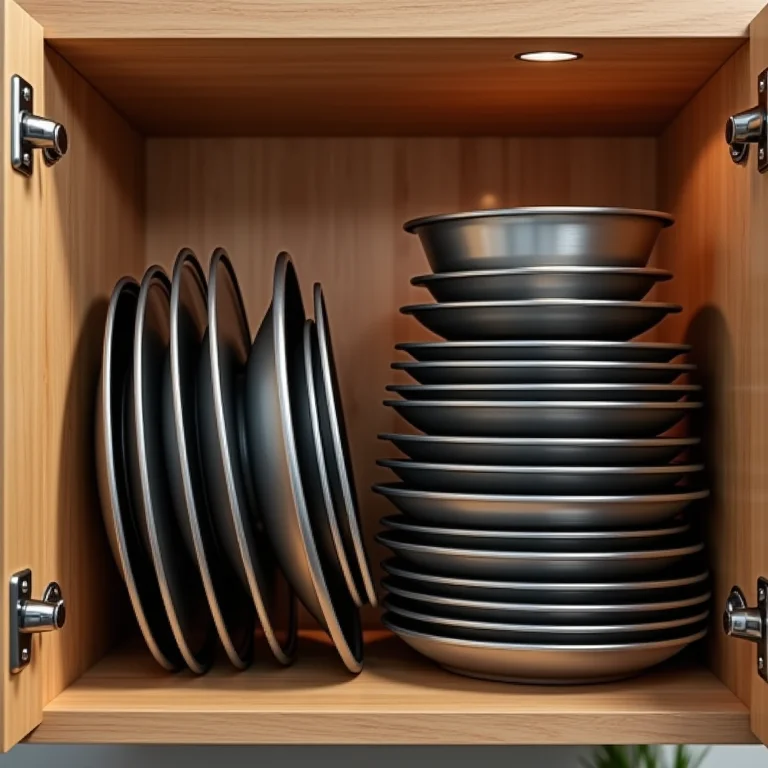 Organização vertical de panelas dentro do armário.