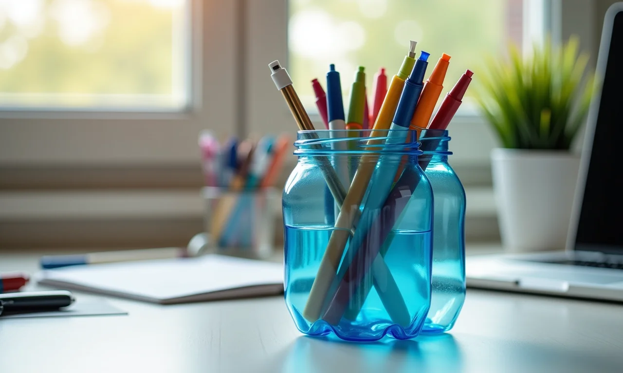 Organizador de escritório feito de garrafas PET reaproveitadas em uma mesa de escritório.