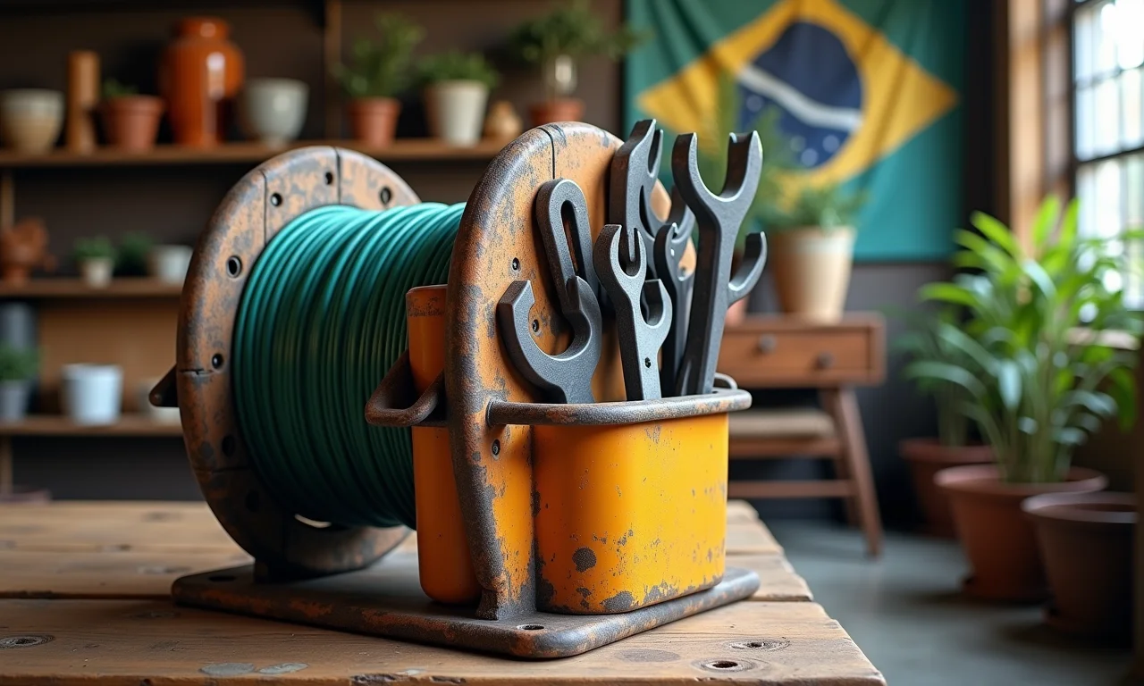 Organizador de ferramentas feito de carretel de fio com elementos de decoração brasileira ao fundo.