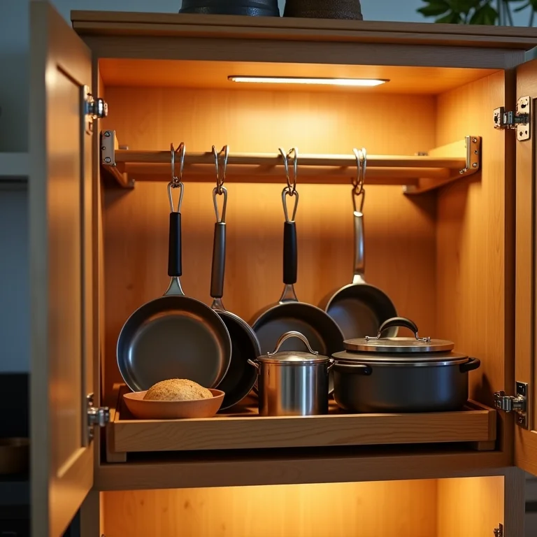 Organizador de panelas ajustável dentro de um armário de cozinha.